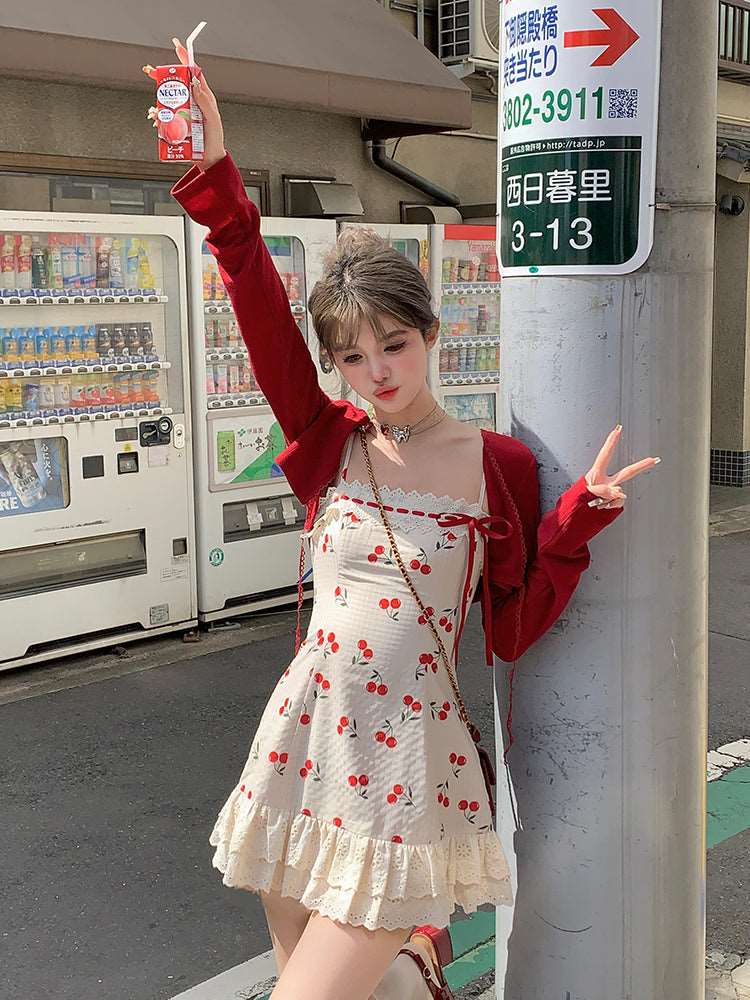 Acacia Summer Cherry Girl Beige Strap Dress & Red Cardigan Two Piece Set
