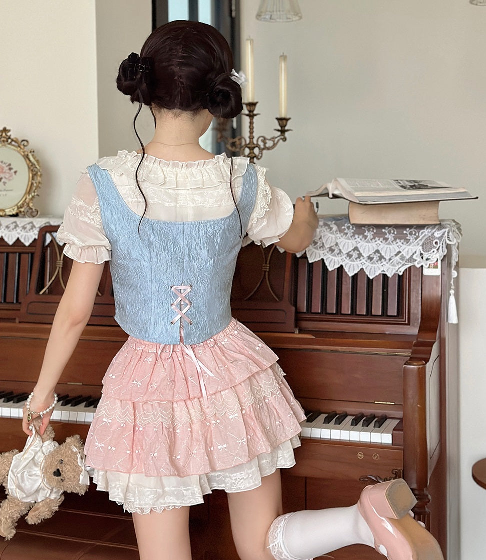 Cream Frost White Blouse Top & Blue Vest & Pink Skirt Three Piece Set - Sugarplum Store