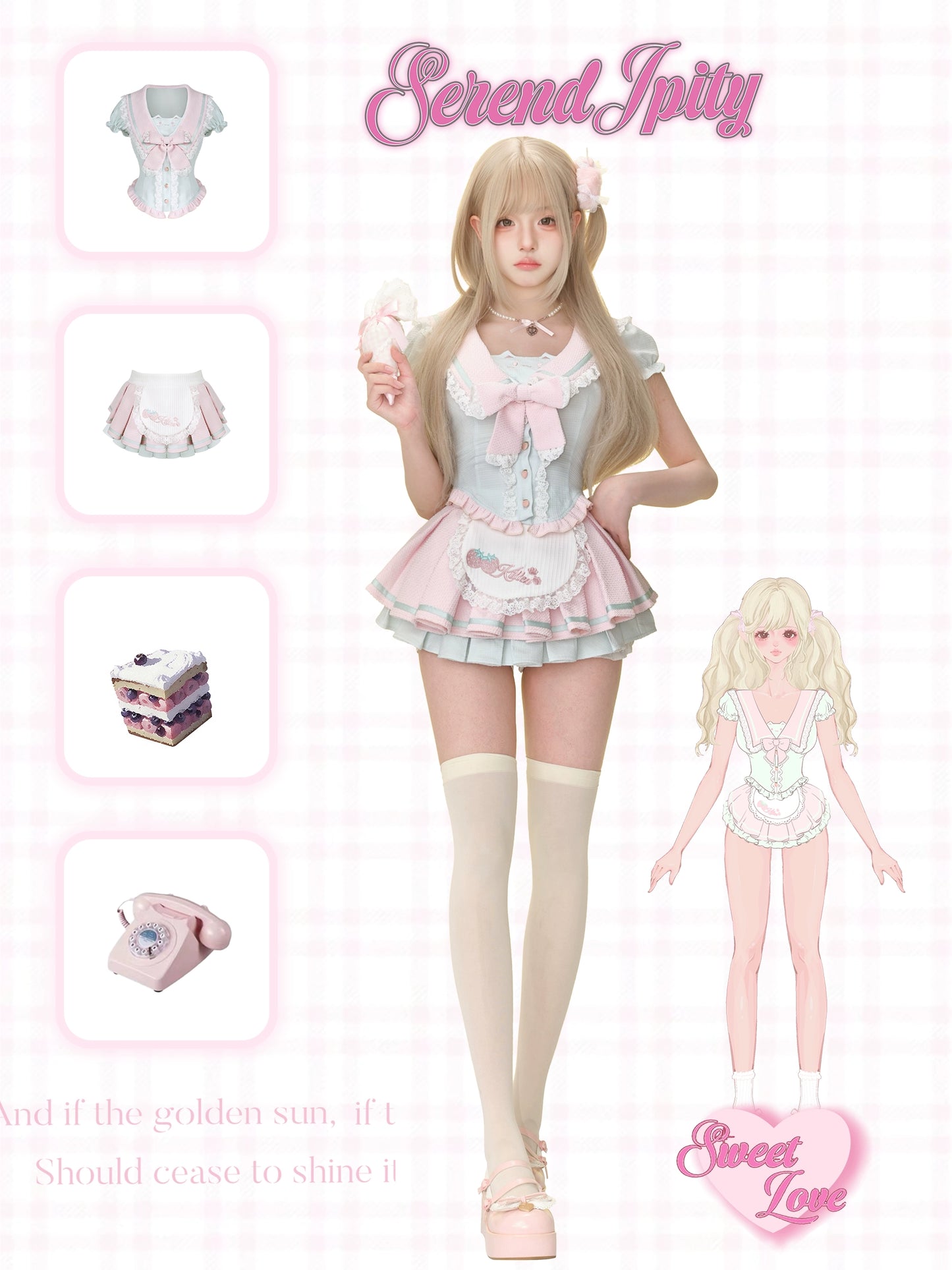 Serendipity Strawberry Smoothie Mint Pink Sailor Collar Top & Skirt Two Piece Set - Sugarplum Store