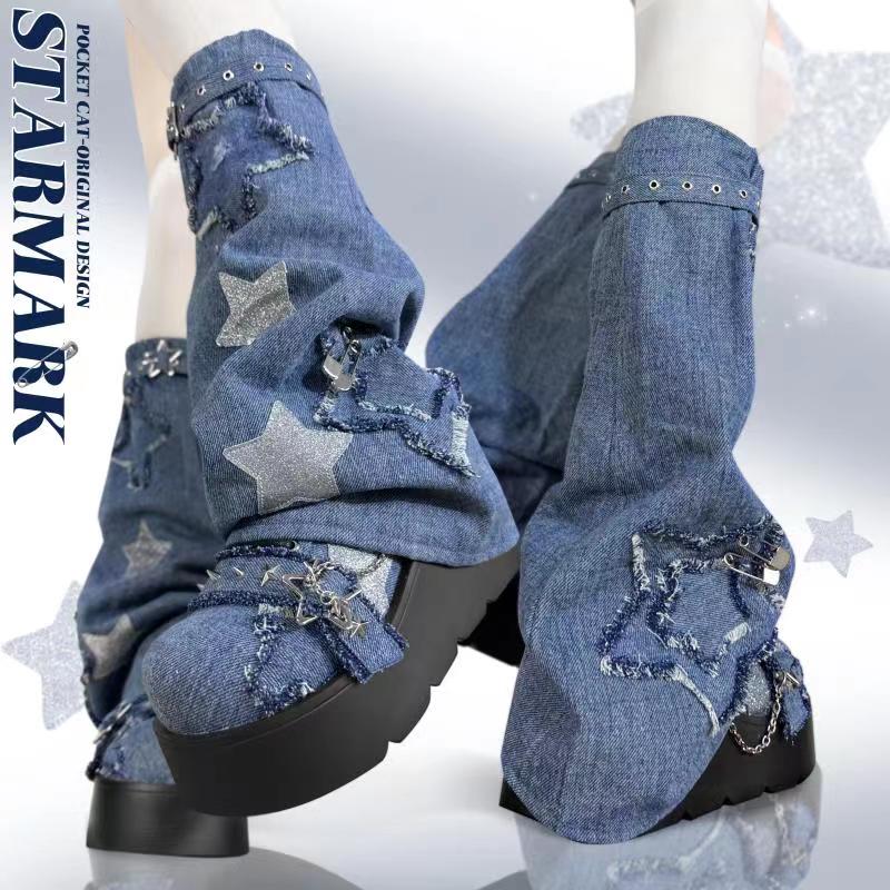 Pocket Cat Star Mark Black White Denim Blue Leg Warmers - Sugarplum Store