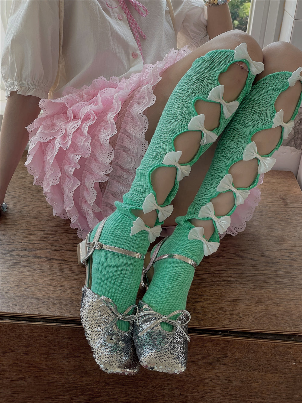 Colorful Cotton Coquette Hollow Bow Knee High Stockings - Sugarplum Store