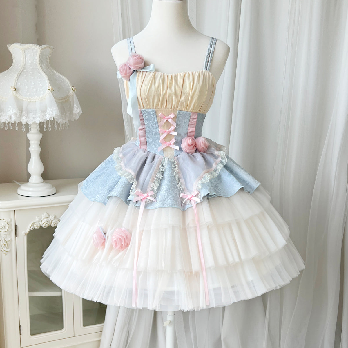 Lolita Rose Peach Blue Ruffled Princess Strap Dress Sugarplum Store Lolita Rose Peach Blue Ruffled Princess Strap Dress Sugarplum Store