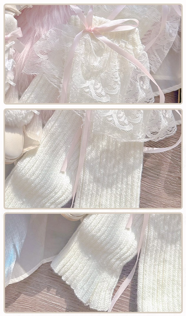 Pinky Rabbit Ears Plush Pearl Knit Coquette Winter Heels Boots Shoes & Lace Balletcore Leg Warmers - Sugarplum Store