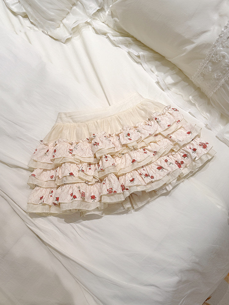 Creamy Cute Rose Floral White Top Skirt Two Piece Set