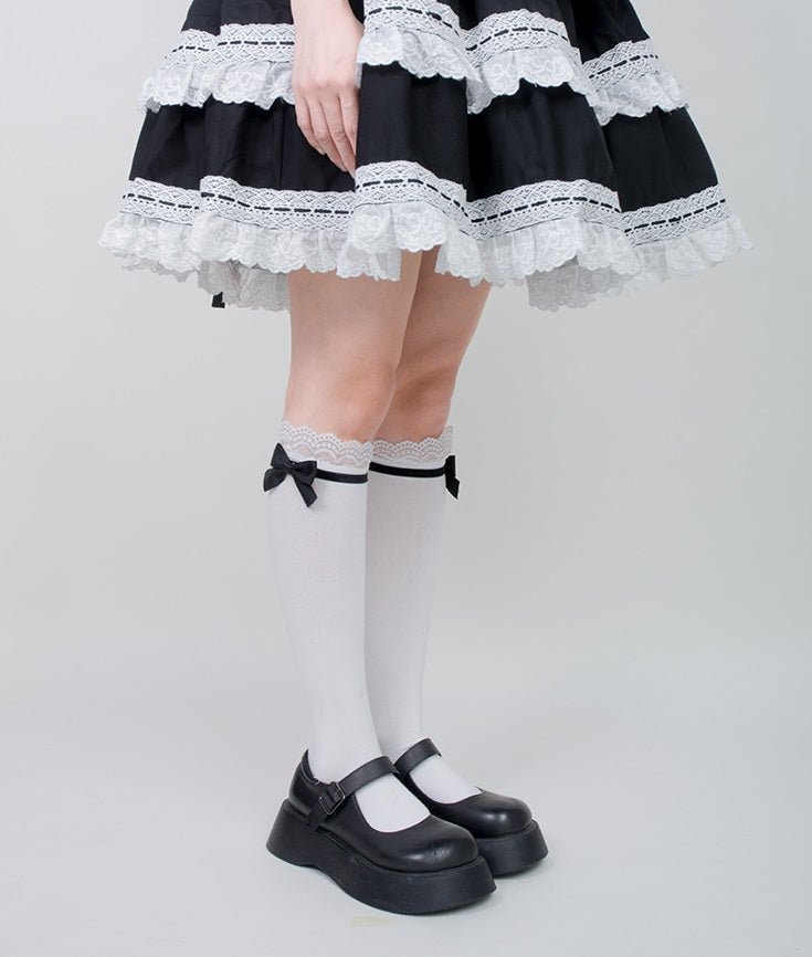 Lolita Sweet Girl Coquette Lace Pink & Black Bow White Socks - Sugarplum Store