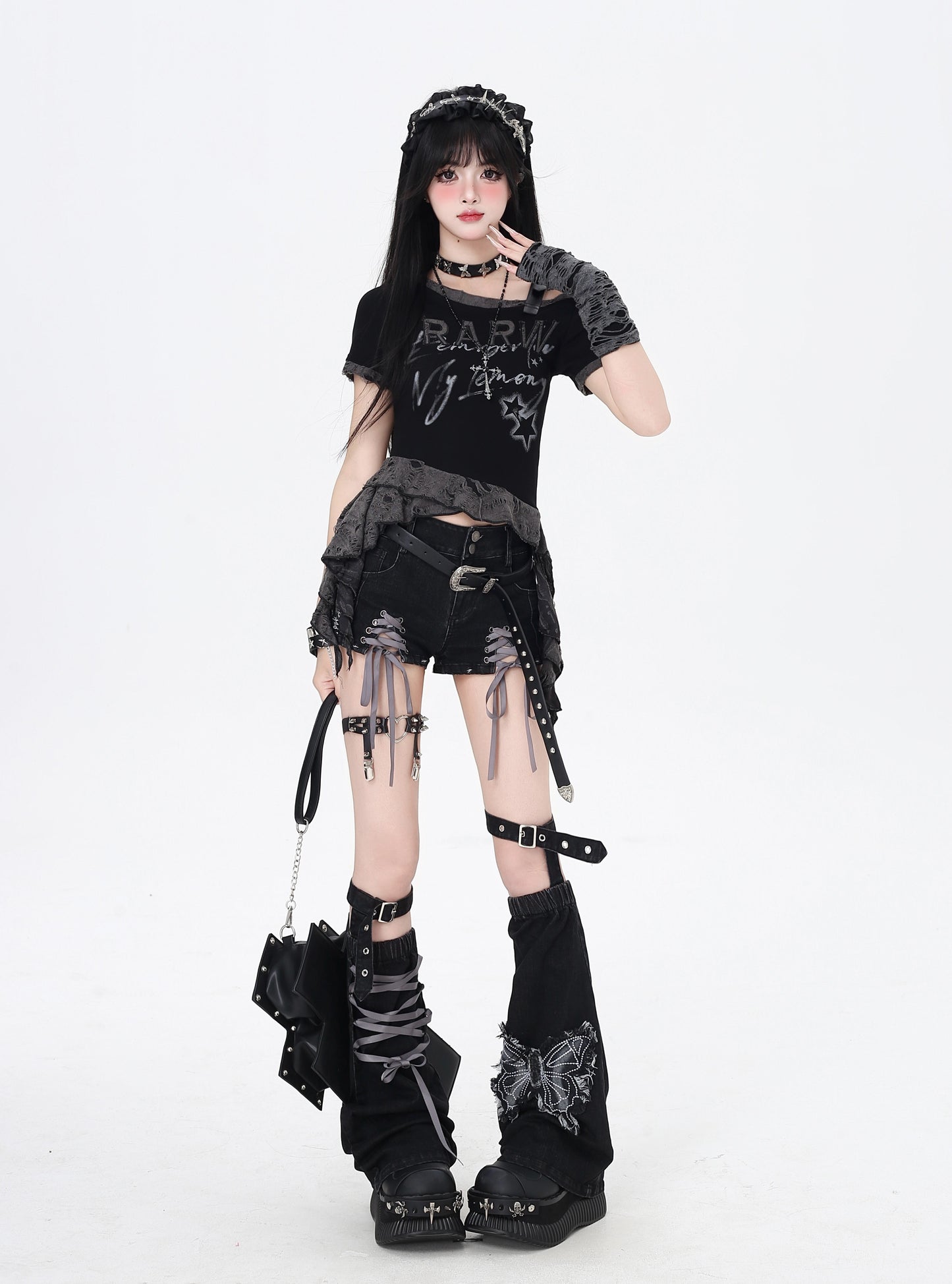 Crazy Girl Killer Legs Black Gray Red Denim Shorts & Leg Warmers - Sugarplum Store