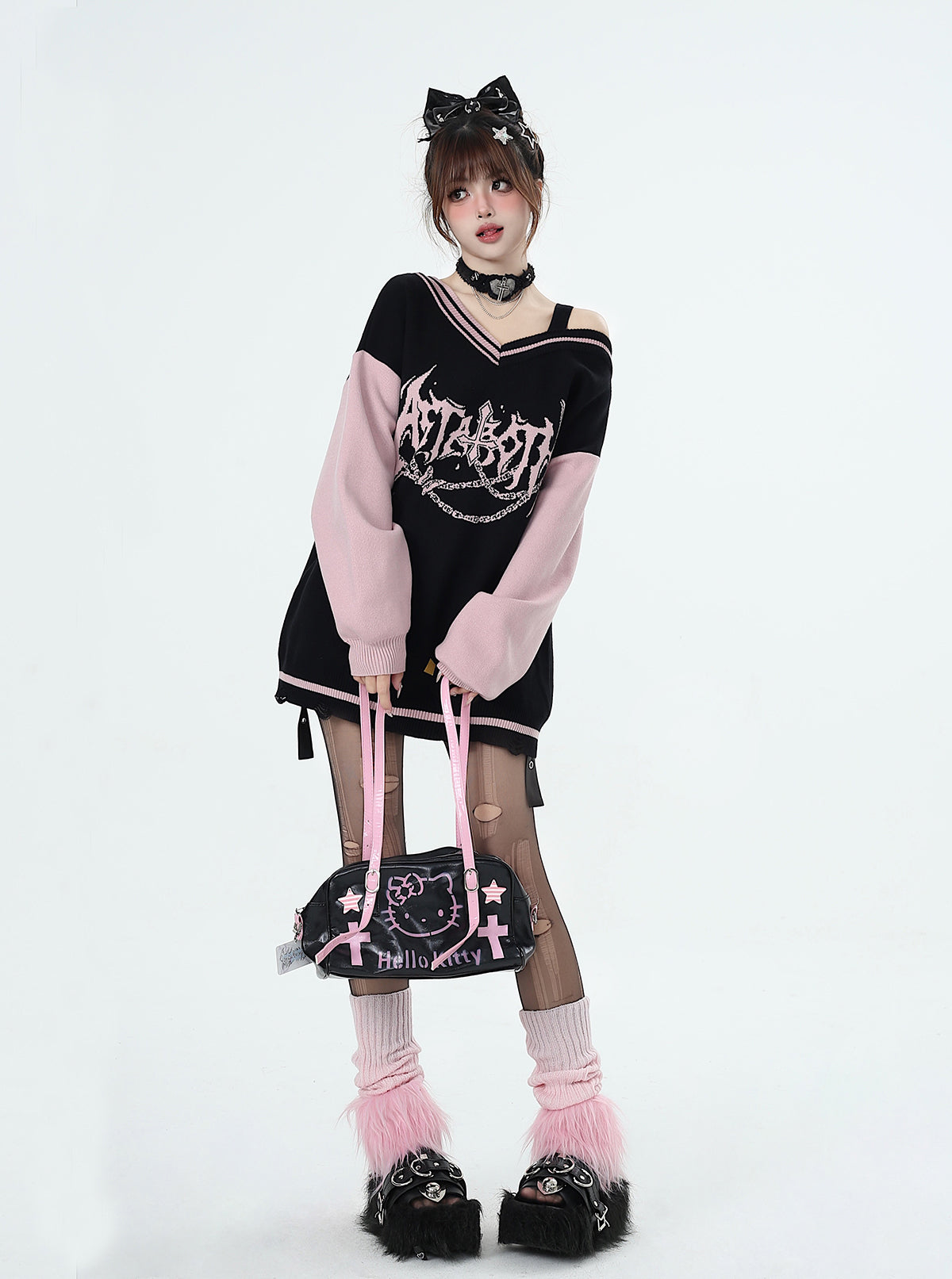 Crazy Girl Love Talent Black Pink Punk V Neck Sweater Top - Sugarplum Store