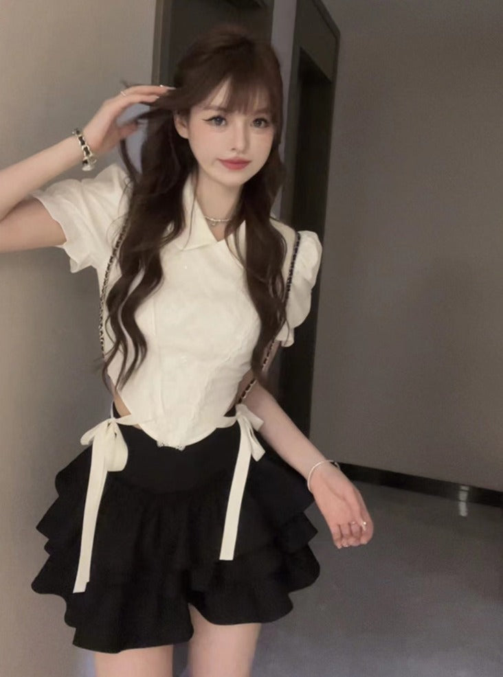 Lazy Girl Love in Crisis White Top & Black Skirt Two Piece Set - Sugarplum Store