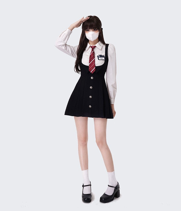 Monet Campus Heroine Dark Academia Fall Navy Blue Fake Two Piece Suspender Dress - Sugarplum Store