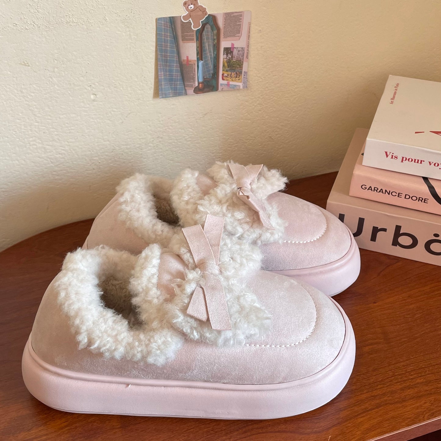 Cute Winter Plush Cotton Bow Pink Blue Khaki Slippers Shoes - Sugarplum Store