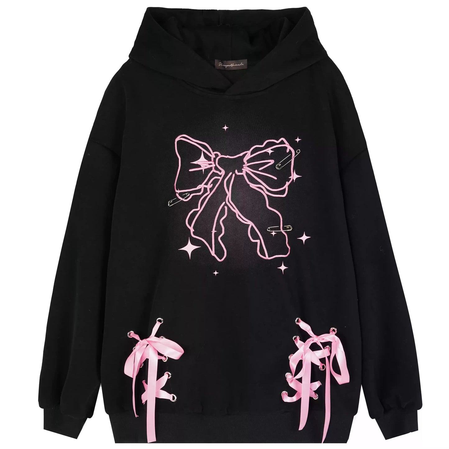 Young Eyes Sweet Bow Ribbon Black Pink Pullover Hoodie - Sugarplum Store
