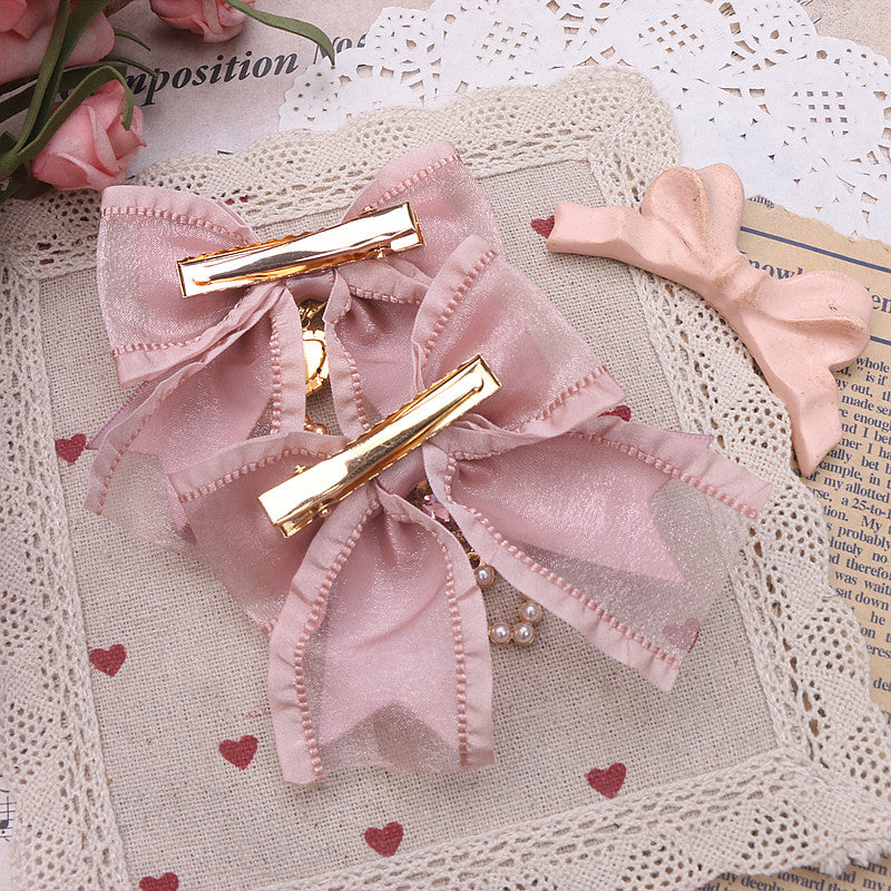 Jirai Kei Pearl Soft Twins Bows Heart Hair Clips Hair Accessories - Sugarplum Store