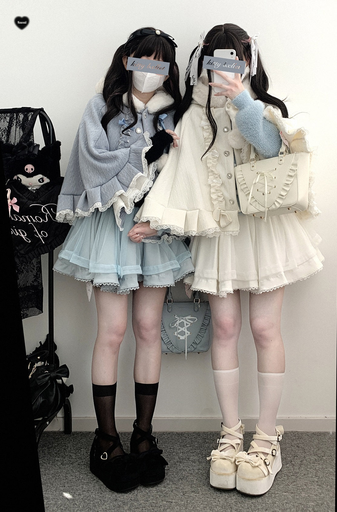 Kitten Bullet Pompom Sweetheart White Pink Black Blue Cape Cloak - Sugarplum Store