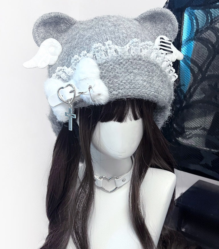 Bear Ears Blue White Gray Bone Wings Knit Winter Hats - Sugarplum Store
