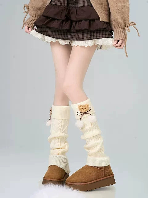 Brown Bear Pompom Balls Knit Leg Warmers - Sugarplum Store