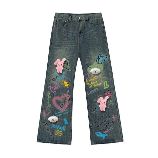 Young Eyes Graffiti Player Detachable Rabbit Baggy Jeans - Sugarplum Store