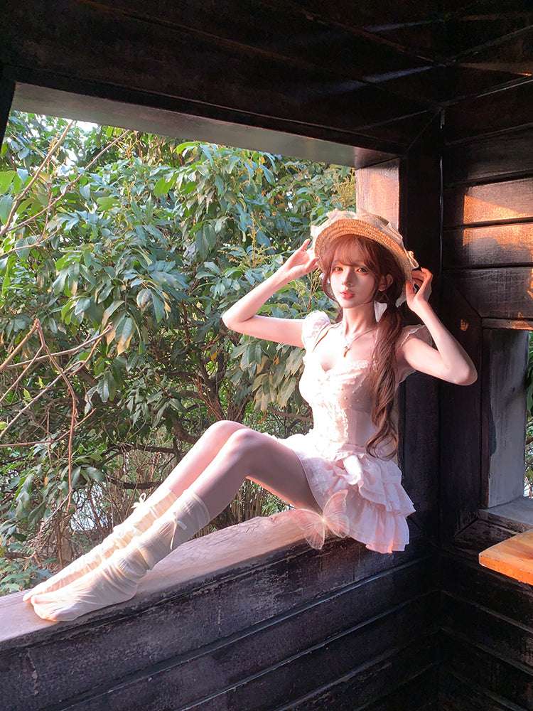 Creamy Cute Pink Mist Rose Top & Skirt Two Piece Set