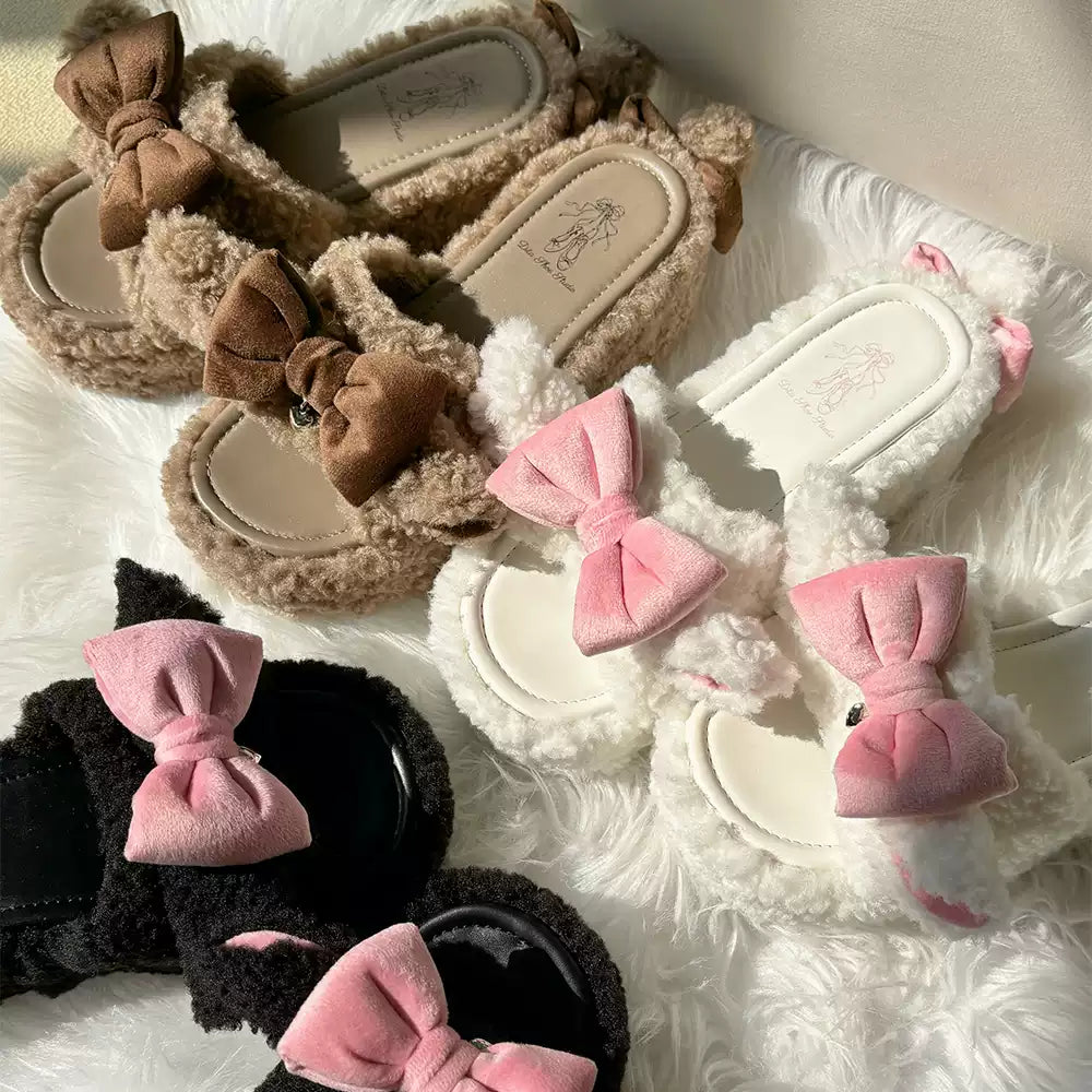 Little Sheep Cashmere Dita White Black Brown Winter Slippers Shoes - Sugarplum Store
