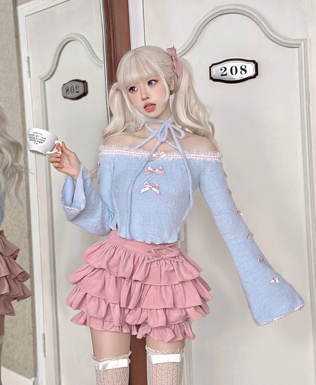 Coquette Sweet Bow Blue Sweater & Pink Ruffled Skirt Two Piece Set - Sugarplum Store