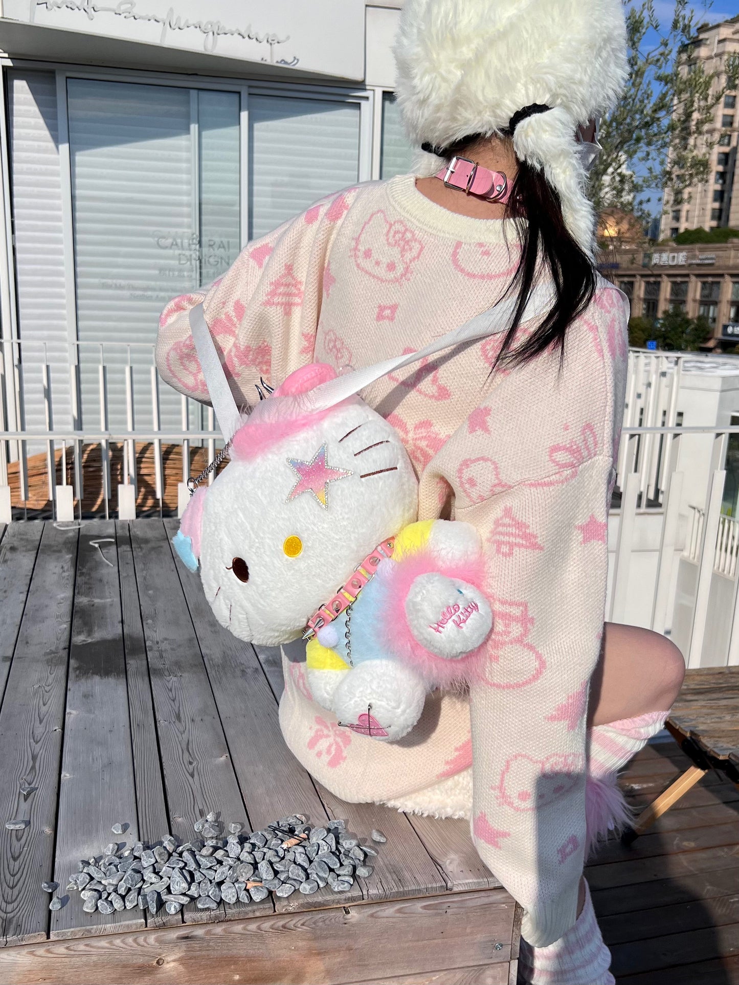 Kitty Cat Cartoon Cute Handmade Y2K Punk Rock Star Plush Doll Backpack Bag - Sugarplum Store