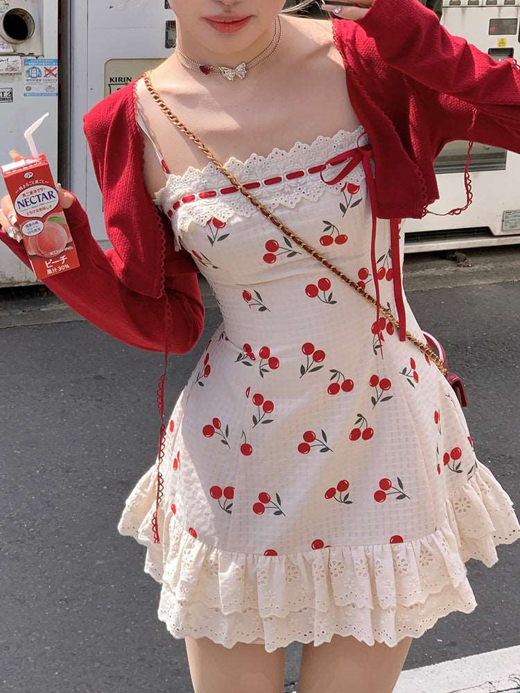 Acacia Summer Cherry Girl Cream Strap Dress & Red Cardigan Two Piece Set Acacia Summer Cherry Girl Cream Strap Dress & Red Cardigan Two Piece Set