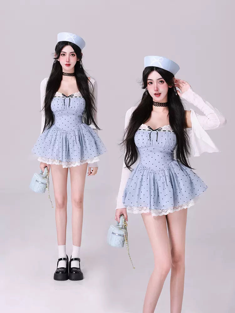 Kiki Cherry Cheese Polka Dot Pink Blue Red Strap Dress - Sugarplum Store