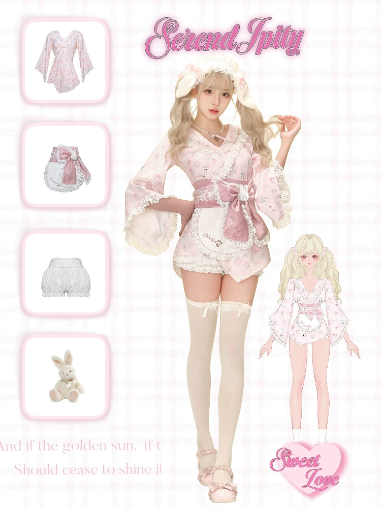 Serendipity Homey Cute Pink Rabbit Kimono Top & Apron & Bloomers Three Piece Set - Sugarplum Store