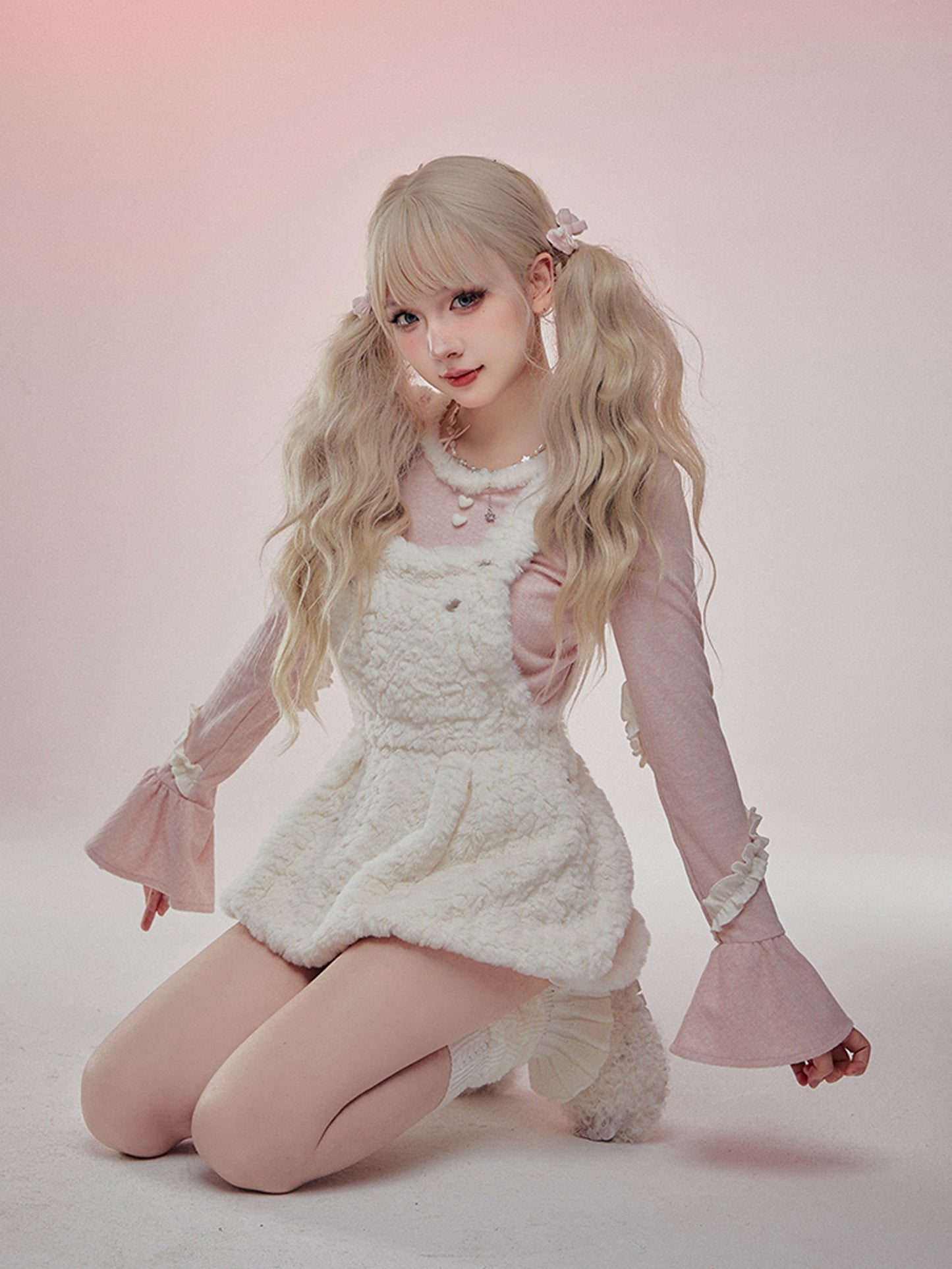 Serendipity Winter Peach Pink Sweater Top & Fur Plush White Suspender Dress Two Piece Set - Sugarplum Store