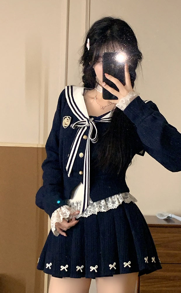 Creamy Cute Manhwa Navy Blue Sailor Collar Sweater & Skirt Two Piece Set - Sugarplum Store