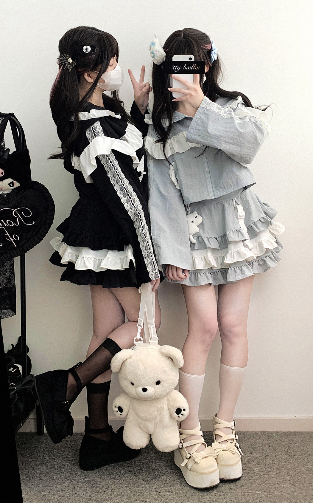 Kitten Bullet Faulty Kitten Pink Blue Black Hoodie Skirt Two Piece Set - Sugarplum Store