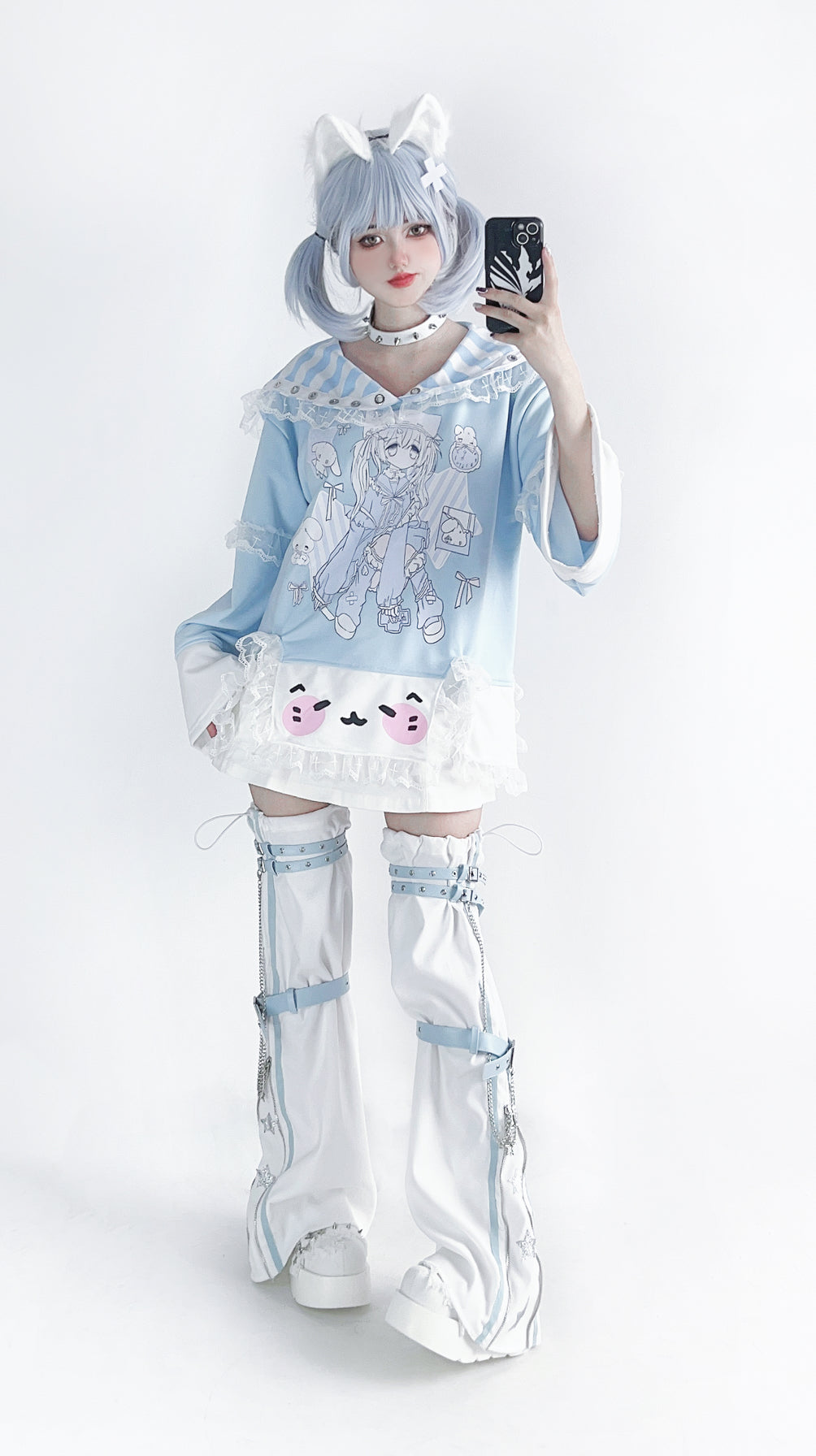 Pocket Cat Star Chain Black White Blue Leg Warmers - Sugarplum Store