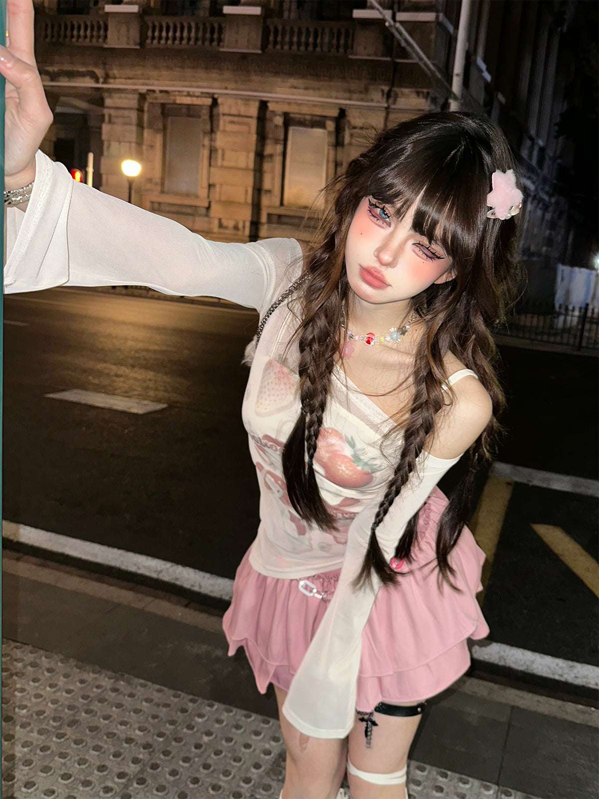 Young Eyes Strawberry Kitty Pink Cream Sheer Top & Cami