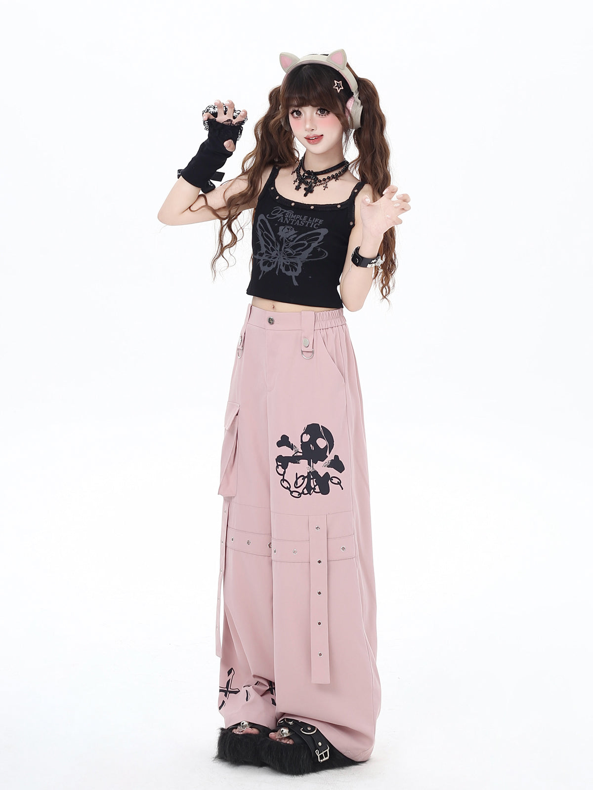 Crazy Girl Skull Workwear Pink Black Gray Baggy Elastic Pants - Sugarplum Store