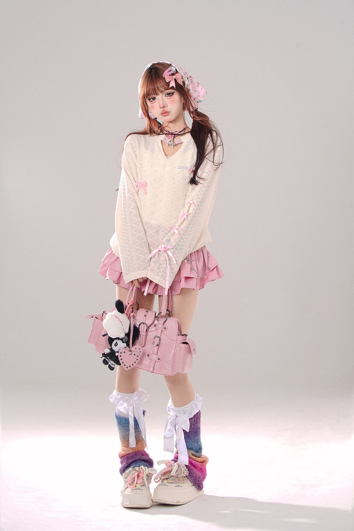 Young Eyes Apricot Bow Pink Cream See Through Knit Sweater Top - Sugarplum Store