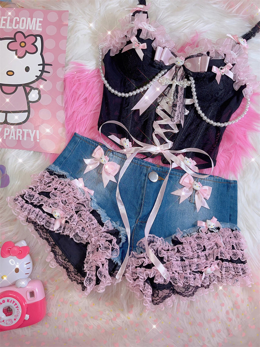 Y2K Hot Girl Lace Kitty Bow Sexy Summer Tight Denim Shorts - Sugarplum Store