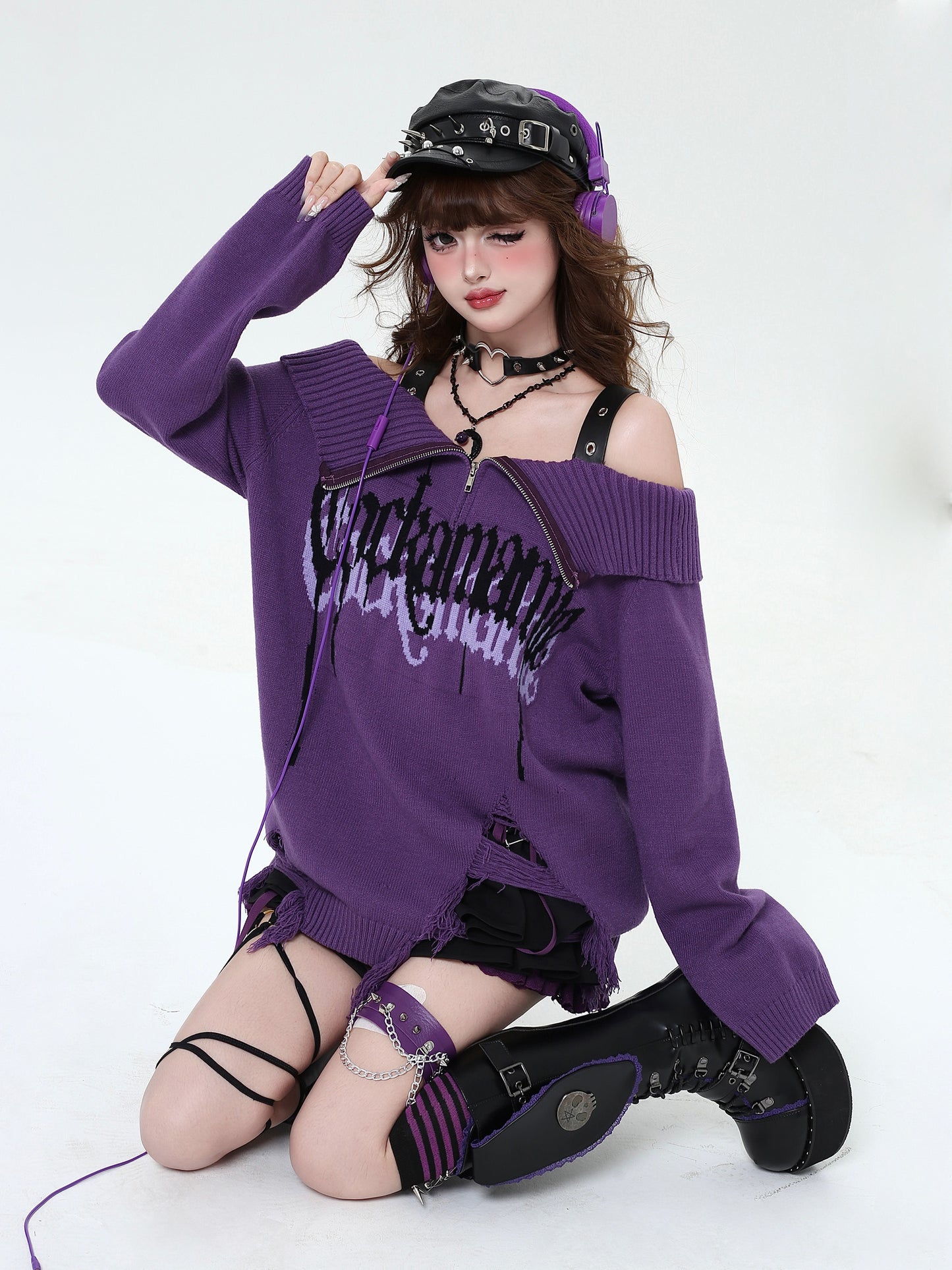 Crazy Girl Gothic Fragments Purple Black Pink Red Off Shoulder Sweater - Sugarplum Store