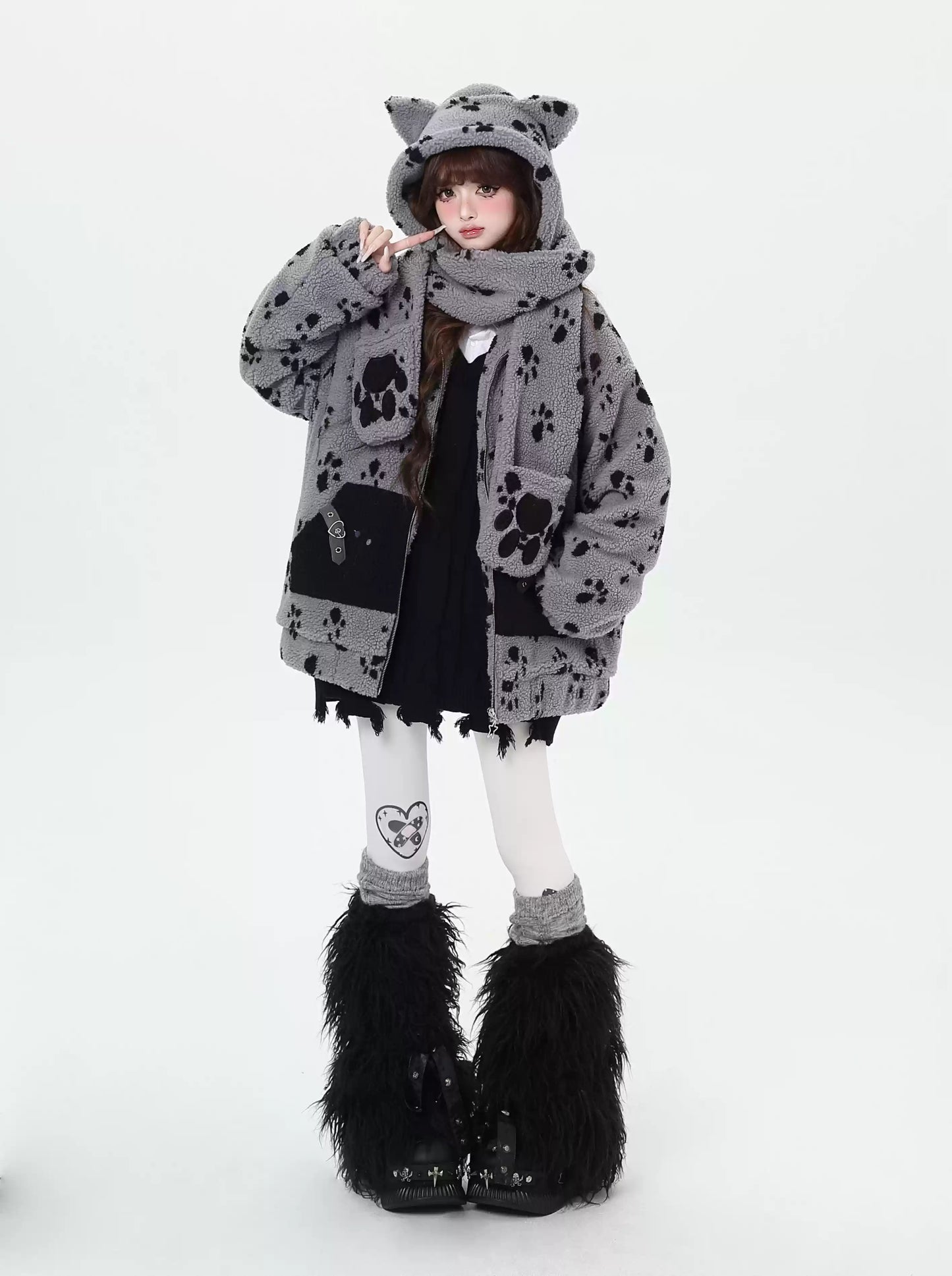 Crazy Girl Bionic Kitten Paw Print Gray Cream Plush Jacket Scarf Hat Three Piece Set - Sugarplum Store