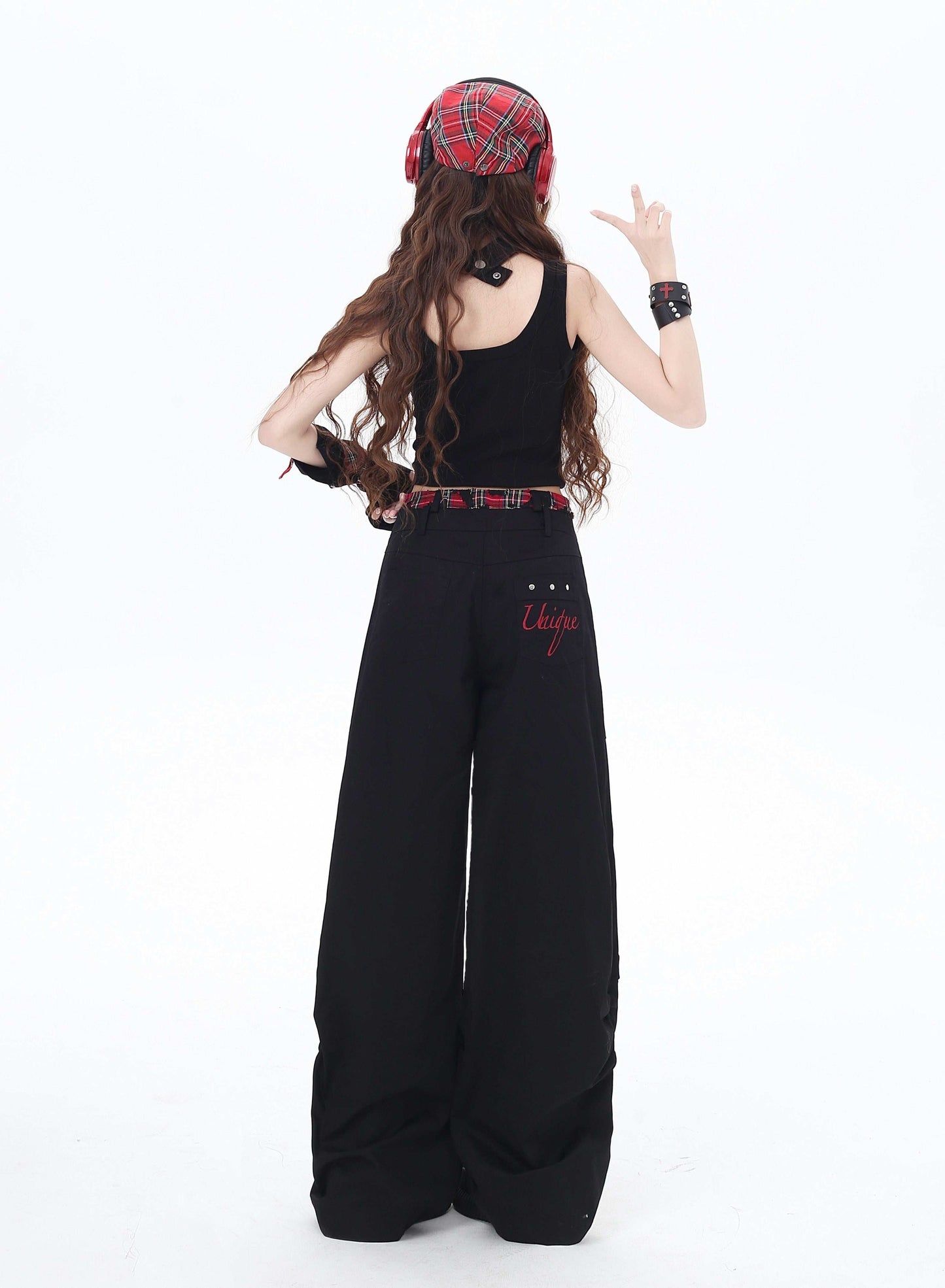 Crazy Girl Vinyl Vibe Plaid Red Black Baggy Pants