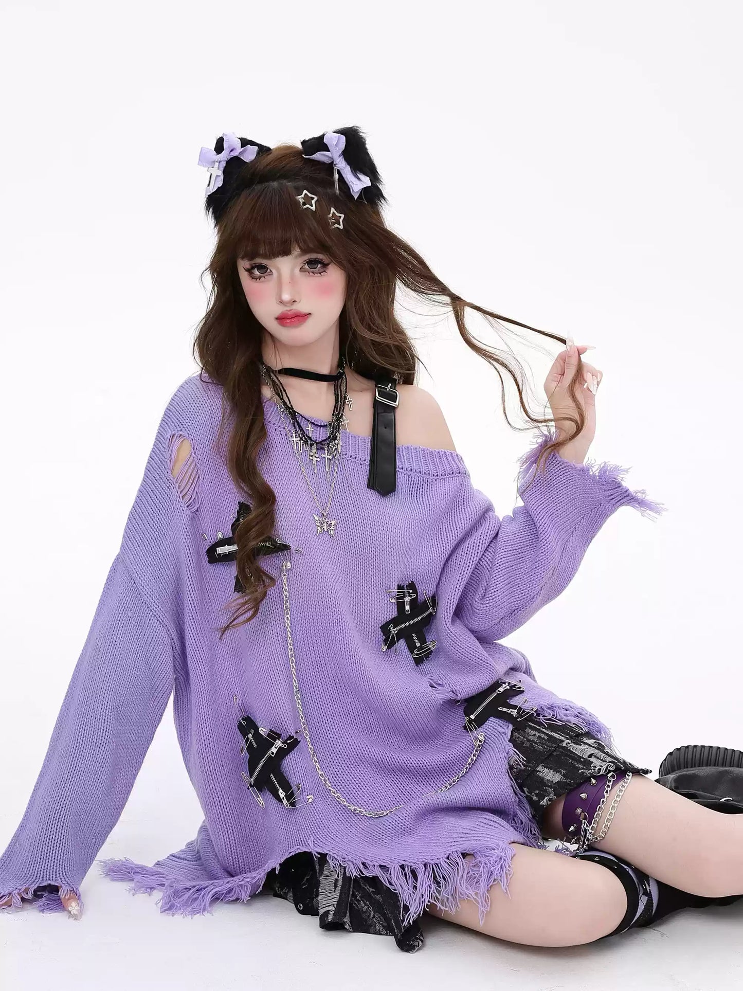 Crazy Girl Cross Senses Purple Black Pink Off Shoulder Knit Sweater - Sugarplum Store