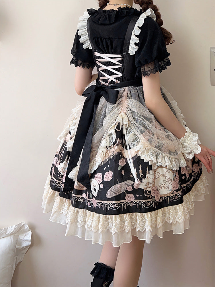 Rose Garden Lace Elegant Original Lolita EGL Pink & Black Strap Dress - Sugarplum Store