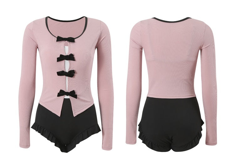 Masked Cat Sweet Pink & Gray Bow Long Sleeve Two Piece Swimsuit - Sugarplum Store
