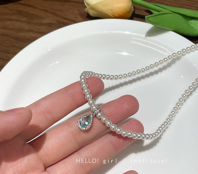 Aquamarine Blue Tear Drop Pearl Pendant Necklace - Sugarplum Store
