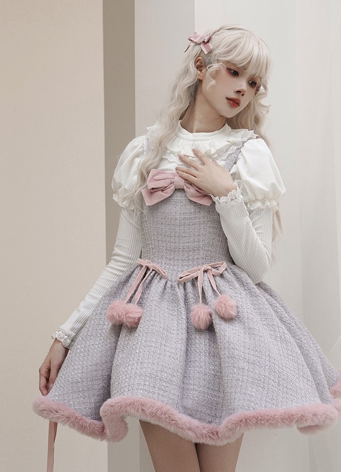 Universal Lolita Winter Blue & Pink Tweed Plush Cape Cloak Strap Dress Two Piece Set - Sugarplum Store