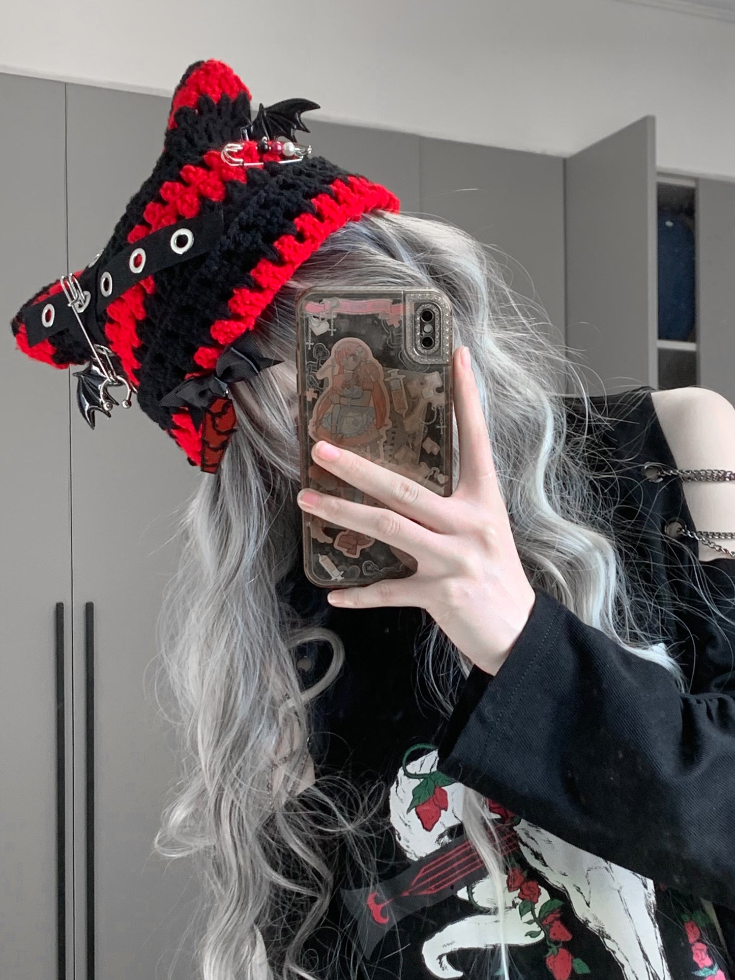 Punk Bat Girl Black White Red Gray Cat Ears Knit Hats - Sugarplum Store