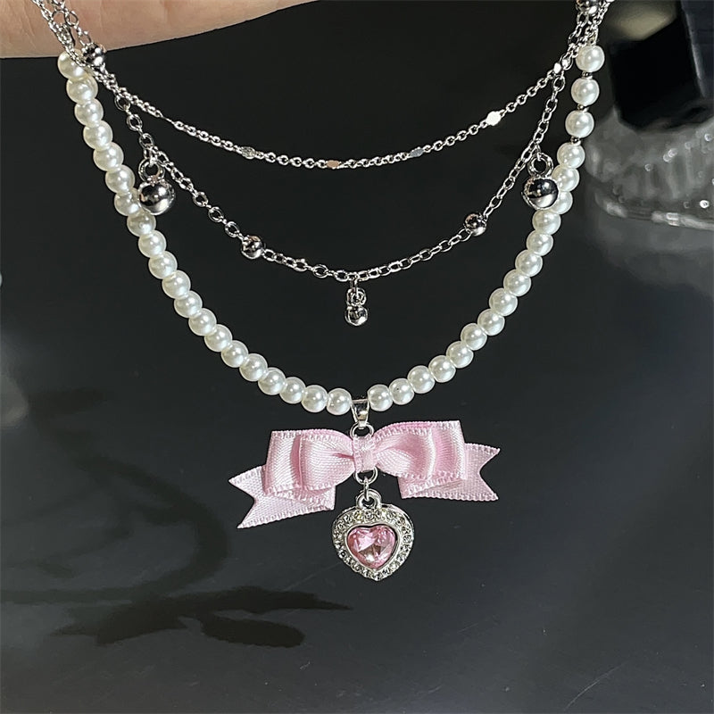 Bead Bow Heart Pink & Blue Necklace - Sugarplum Store