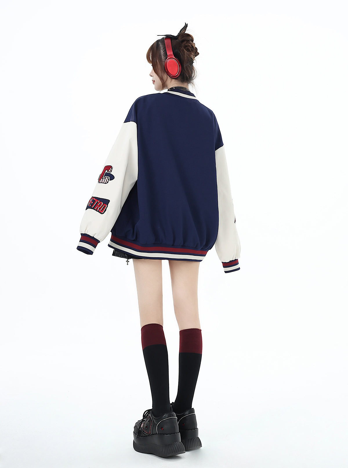 Crazy Girl Navy Blue Retro Baseball Jacket Skirt Two Piece Set - Sugarplum Store