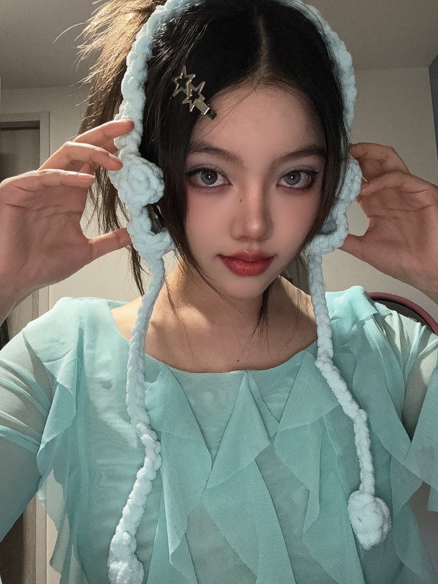 Handmade Crochet Fantasy Plush Star Pink Blue Y2K Winter Earmuffs - Sugarplum Store