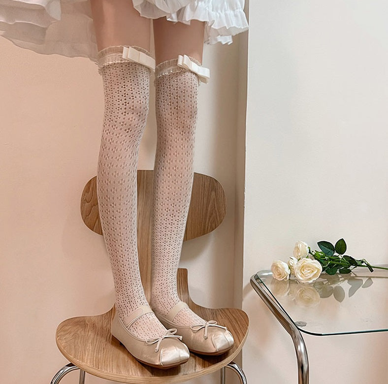 Organza Lace Black White Bow Over The Knee Socks - Sugarplum Store