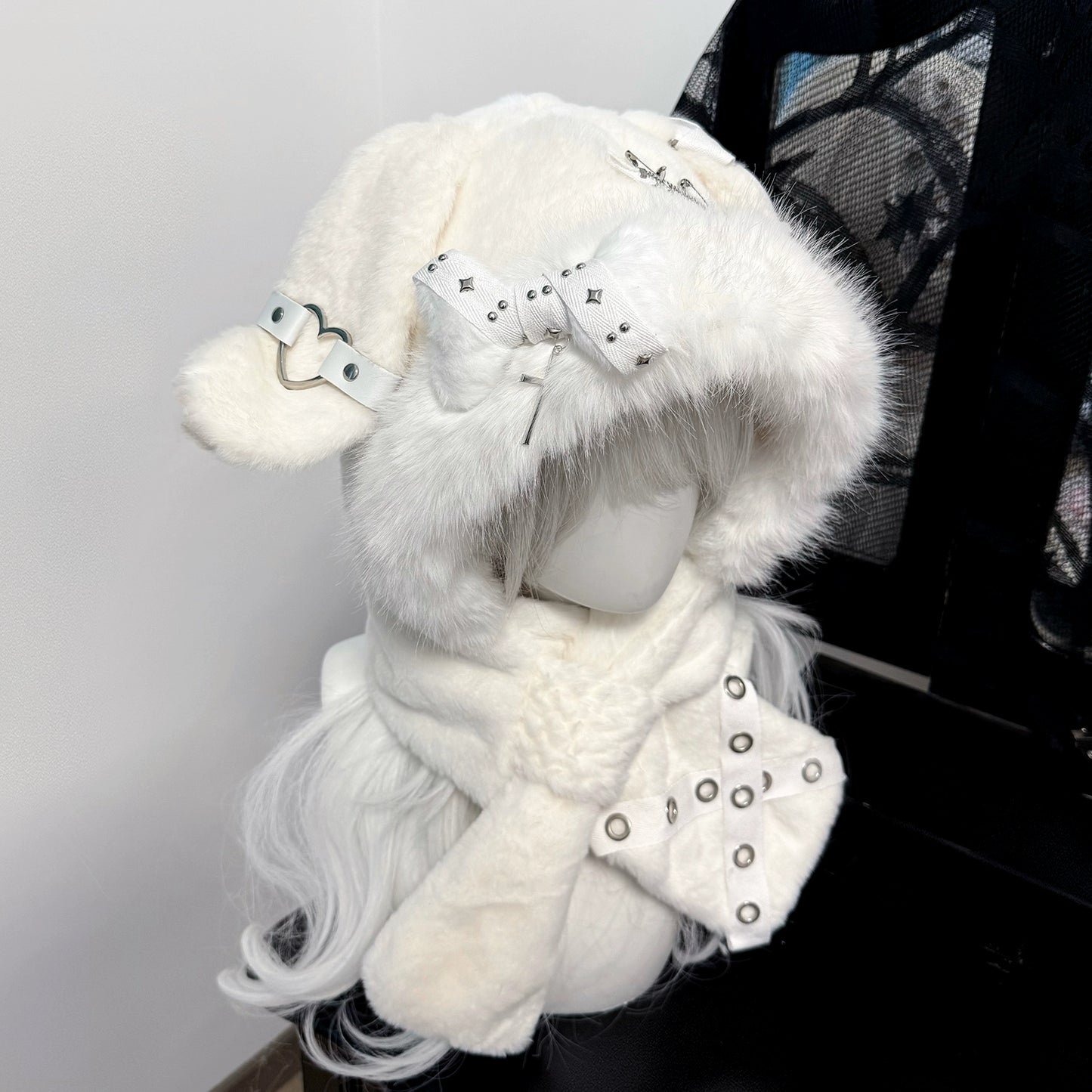 Punk Y2K Black White Plush Rabbit Ears Winter Hats - Sugarplum Store