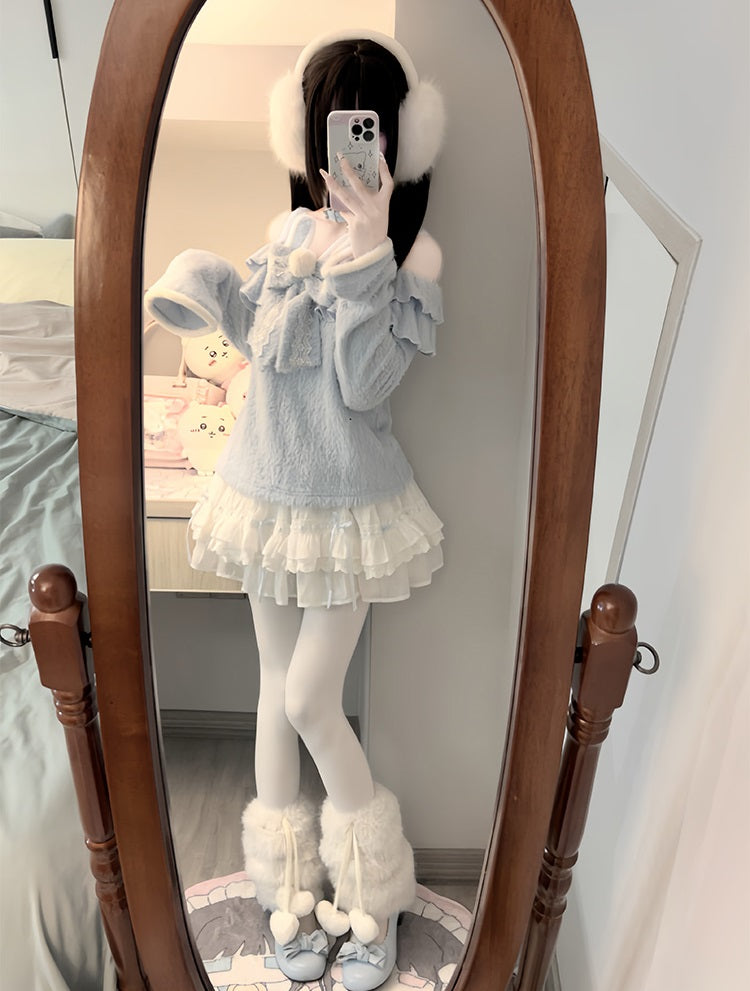 Nanny Bunny Blue Fuzzy Sweater & White Skirt Two Piece Set - Sugarplum Store